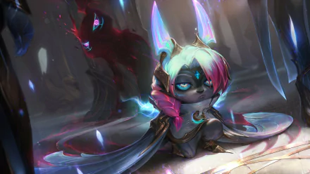 HD PC desktop wallpaper of Vex (League of Legends): moody chibi-like champion with glowing ears, pink braid and shadowy cloak in a misty, magical corridor — video game art.