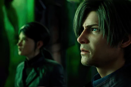 HD wallpaper of Resident Evil: Infinite Darkness featuring two characters in a dramatic green-lit scene for desktop background.