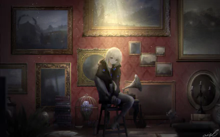 Gothic anime girl with blonde hair sits on a stool in a dimly lit room filled with antique paintings and vintage objects, creating a dark, atmospheric HD desktop wallpaper.