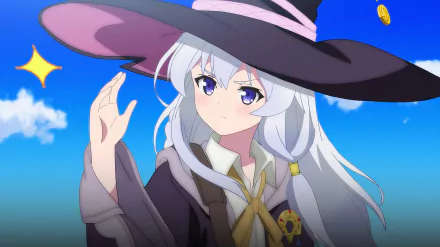 Elaina from Wandering Witch: The Journey of Elaina anime, depicted in vibrant 4K Ultra HD, wearing her witch hat against a bright blue sky background.
