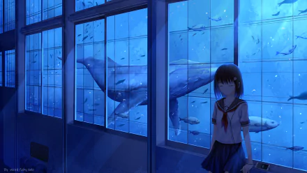Anime girl with short hair in a school uniform stands indoors, gazing at a massive whale swimming outside large windows in a serene underwater scene. 4K Ultra HD wallpaper.