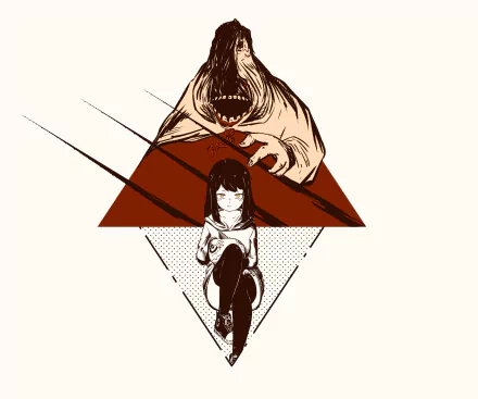 HD PC desktop wallpaper featuring Miko Yotsuya from the anime Mieruko-chan, depicted with a contrasting dark, monstrous figure behind her and geometric shapes.