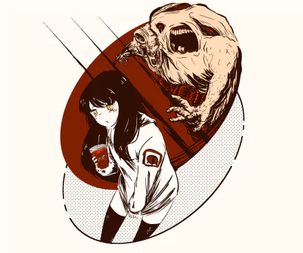 HD PC desktop wallpaper featuring Miko Yotsuya from the anime Mieruko-chan, depicting her with a dark, eerie spirit looming behind her in a stylized, graphic design.