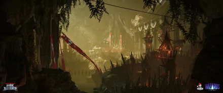 HD wallpaper of an eerie, atmospheric scene from Dungeons & Dragons: Dark Alliance, featuring shadowy fantasy structures amid a misty, foreboding landscape.