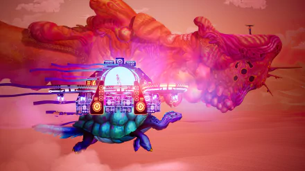Vibrant HD wallpaper from the video game The Artful Escape, featuring a colorful turtle-shaped vehicle navigating a surreal, otherworldly landscape.