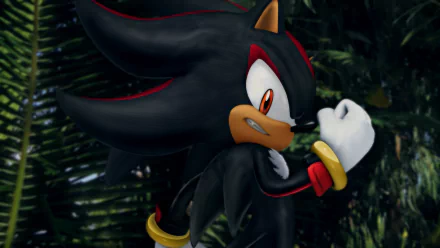 HD PC desktop wallpaper featuring Shadow the Hedgehog from the video game Sonic the Hedgehog (2006), set against a dark, forested background.