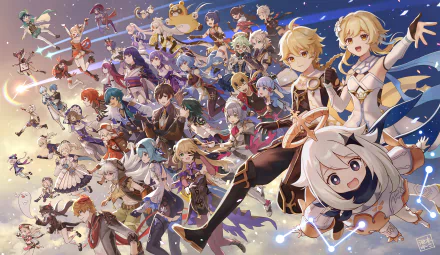 HD desktop wallpaper featuring characters from Genshin Impact, including Noelle, Kamisato Ayaka, Paimon, Lumine, and Aether, amidst a dynamic and colorful background, showcasing the video game's diverse cast.