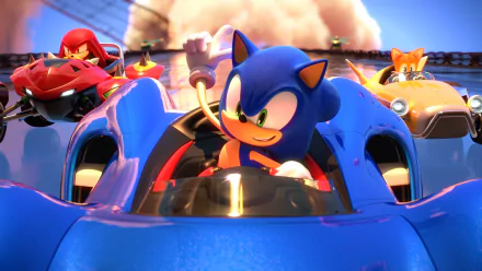 HD PC desktop wallpaper featuring Sonic the Hedgehog, Knuckles the Echidna, and Miles Tails Prower racing in Team Sonic Racing.