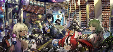 4K Ultra HD anime-style desktop wallpaper featuring Virtual YouTubers Watson Amelia, Takanashi Kiara, Ninomae Ina'nis, Gawr Gura, Mori Calliope, IRyS, and others in a cosmic library.