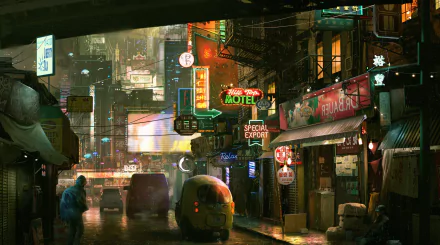 HD PC desktop wallpaper showcasing a vibrant cyberpunk city street at night, filled with neon signs, futuristic vehicles, and sci-fi urban details.