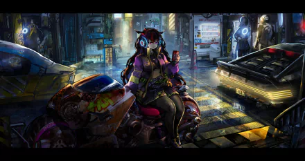 Cyberpunk-style 4K Ultra HD wallpaper featuring IRyS from Hololive as an anime Virtual Youtuber in a neon-lit futuristic cityscape, seated with a motorcycle.