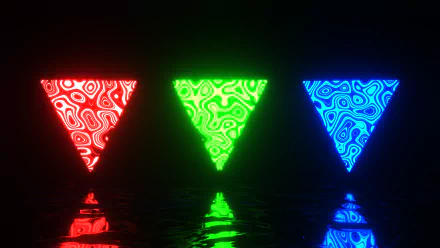 Vibrant HD desktop wallpaper featuring artistic, glowing triangles in red, green, and blue, set against a dark background with reflective surfaces.