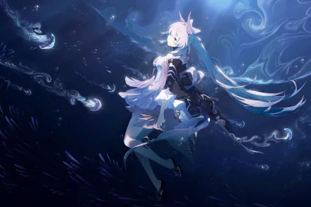 HD desktop wallpaper featuring Sangonomiya Kokomi from the video game Genshin Impact, showcasing a serene underwater scene with vibrant aquatic colors and elegant animation.