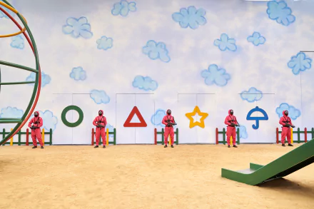 4K Ultra HD PC desktop wallpaper featuring a scene from the TV show Squid Game with guards in pink uniforms and iconic game symbols under a cloudy sky.