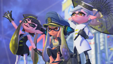 Splatoon 3 video game HD PC desktop wallpaper background: three stylish Inklings in fashionable outfits and umbrellas posing against a vibrant city sky.