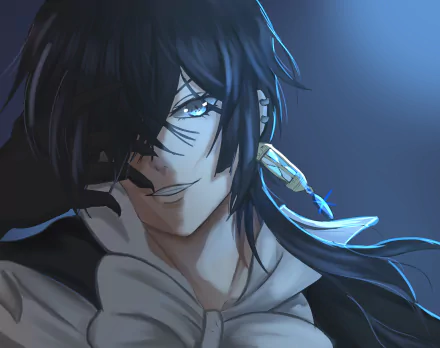 Close-up of Vanitas from The Case Study of Vanitas — anime portrait with glowing blue eye, dark hair and feathered earring; 4K Ultra HD PC desktop wallpaper/background.
