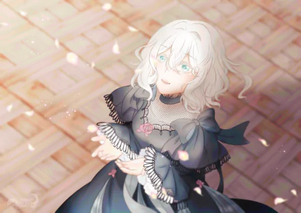 Chloé d'Apchier from The Case Study of Vanitas in a 4K Ultra HD anime desktop wallpaper: pale-haired girl in an ornate dark dress with lace and a rose, bathed in soft golden light.