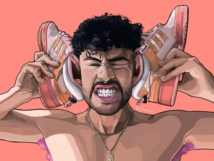 HD PC desktop wallpaper: stylized pop-art portrait of a man holding sneakers to his ears like headphones, snarling on a coral background, music-themed.