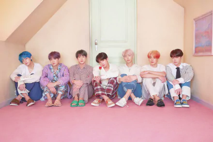 BTS members RM, Suga, Jin, J-Hope, Jimin, V, and Jungkook in pastel-toned room, featured in a 4K Ultra HD K-pop desktop wallpaper and music background.