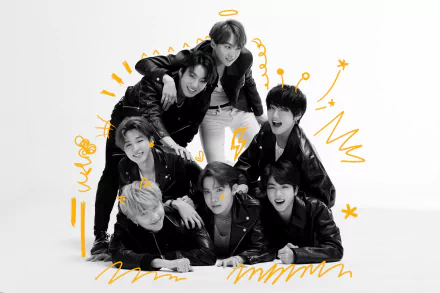 BTS members RM, Suga, Jin, J-Hope, Jimin, V, and Jungkook pose together in a black-and-white 4K Ultra HD K-pop desktop wallpaper with playful orange doodle accents.