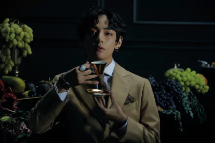 HD desktop wallpaper of a K-pop singer: man in a tan suit holding an ornate goblet against a dark, dramatic still-life backdrop with grapes and moody lighting.