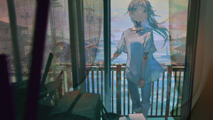 5K Ultra HD PC desktop wallpaper: anime cyborg girl stands on a sunlit balcony overlooking the ocean, wind lifting her hair and dress in a moody pastel palette.