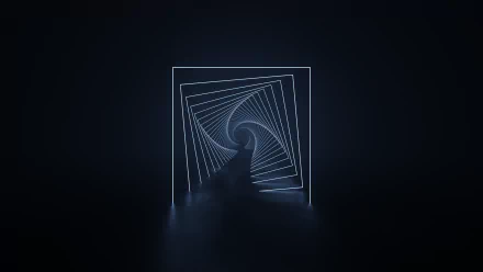 Artistic neon tunnel of rotating square frames receding into darkness, mirrored floor and soft glow, 4K Ultra HD PC desktop wallpaper and background.