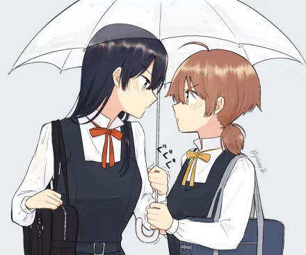 Anime-style HD desktop wallpaper featuring Touko Nanami and Yuu Koito from Bloom into You, standing close under umbrellas with intense expressions.