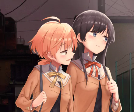 HD PC desktop wallpaper of Touko Nanami and Yuu Koito from the anime Bloom Into You, in school uniforms walking close together at dusk with a warm, intimate mood.