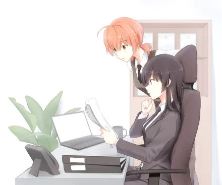 4K Ultra HD PC wallpaper: Touko Nanami and Yuu Koito from Bloom Into You in an office — Touko in a suit reads papers at her desk while Yuu leans over behind her.
