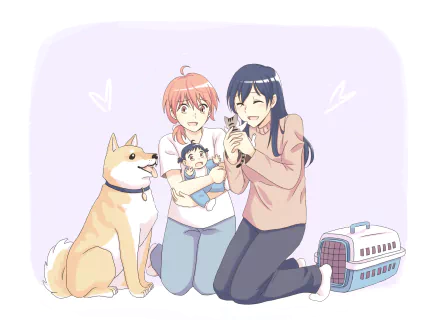 Touko Nanami and Yuu Koito from Bloom Into You anime kneel together with a baby, a smiling dog and a pet carrier — HD PC desktop wallpaper.