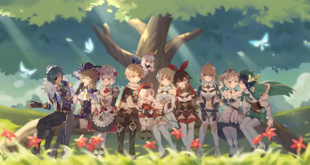 HD desktop wallpaper featuring characters from Genshin Impact including Venti, Paimon, Noelle, Lumine, Lisa, Klee, Kaeya, Jean, Barbara, Amber, and Aether, gathered in a serene outdoor setting with butterflies.