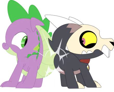 2K Quad HD PC desktop wallpaper crossover of The Owl House and My Little Pony: Friendship Is Magic featuring Spike (purple dragon) and King Clawthorne back-to-back, playful TV show mashup.