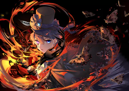 2K Quad HD PC desktop wallpaper featuring Ciel Phantomhive from Black Butler in anime style: top hat, glowing blue eye, cloak and fiery orange swirls with moths against a dark background.