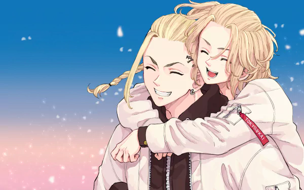 Mikey and Ken from Tokyo Revengers share a joyful moment against a clear sky in this vibrant 4K Ultra HD anime desktop wallpaper.