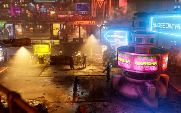 HD desktop wallpaper of The Ascent game featuring neon-lit dystopian cityscape.