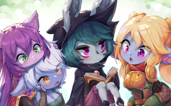 4K Ultra HD League of Legends wallpaper featuring Lulu, Tristana, Poppy, and Vex gathered closely with vibrant colors and detailed character designs.