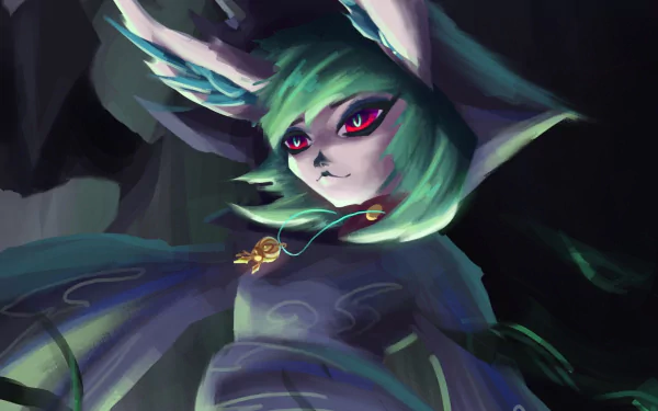 HD PC desktop wallpaper featuring Vex from the video game League of Legends with glowing red eyes and a dark, mystical background.