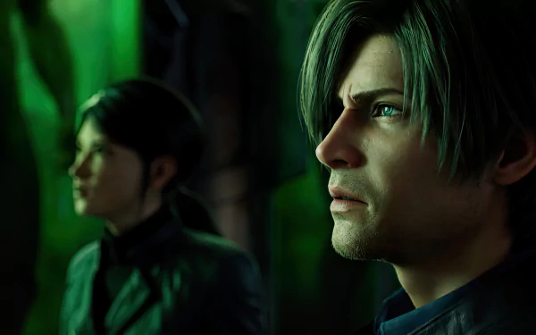 HD wallpaper of Resident Evil: Infinite Darkness featuring two characters in a dramatic green-lit scene for desktop background.