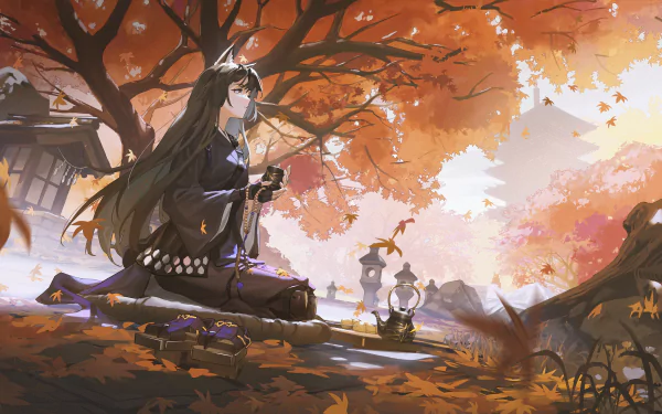 HD PC wallpaper featuring Saga from Arknights with animal ears and long hair, set in a serene autumn landscape from the video game Arknights.