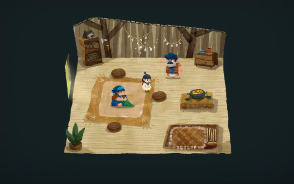 HD desktop wallpaper featuring scene from Carto with characters interacting in a cozy, indoor environment.