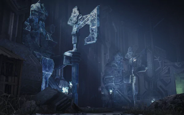 HD desktop wallpaper from Dungeons & Dragons: Dark Alliance featuring glowing blue statues in a mystical, dark setting.