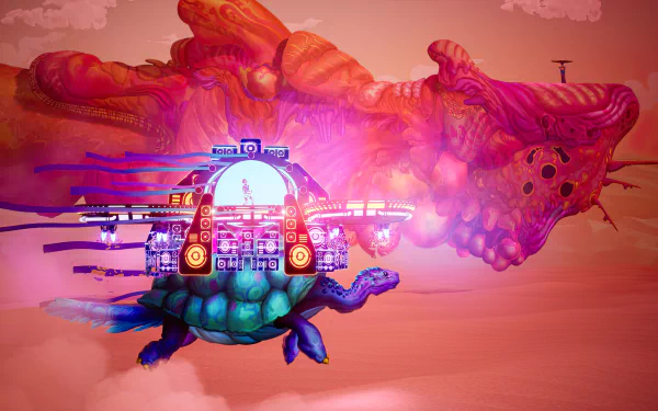 Vibrant HD wallpaper from the video game The Artful Escape, featuring a colorful turtle-shaped vehicle navigating a surreal, otherworldly landscape.