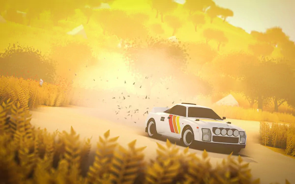 Art of Rally game's HD desktop wallpaper featuring a classic rally car racing through a field with a dust trail under a golden sunset.