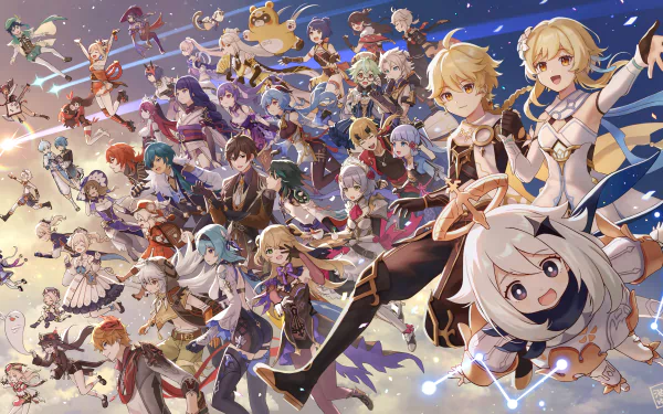 HD desktop wallpaper featuring characters from Genshin Impact, including Noelle, Kamisato Ayaka, Paimon, Lumine, and Aether, amidst a dynamic and colorful background, showcasing the video game's diverse cast.