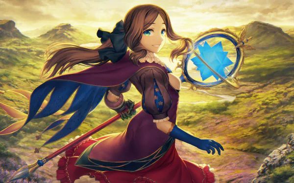 Anime-style Leonardo da Vinci from Fate/Grand Order stands in a scenic landscape, holding a mystical artifact, featured in this HD PC desktop wallpaper.