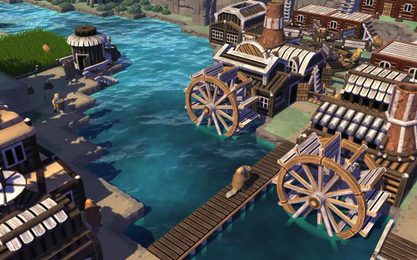 HD Timberborn game wallpaper featuring beaver-engineered waterwheels and buildings along a riverbank.