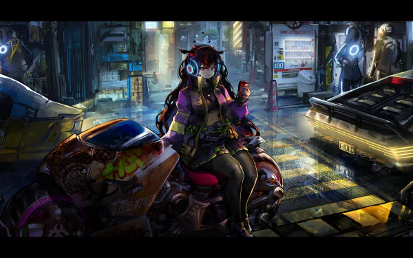 Cyberpunk-style 4K Ultra HD wallpaper featuring IRyS from Hololive as an anime Virtual Youtuber in a neon-lit futuristic cityscape, seated with a motorcycle.