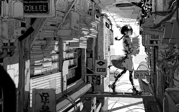 Black and white anime wallpaper featuring a cyberpunk city scene with a girl holding books, surrounded by intricate details and signs.