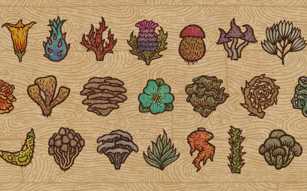 HD desktop wallpaper featuring various hand-drawn herbs and ingredients from Potion Craft: Alchemist Simulator game, artfully arranged on a wooden texture background.